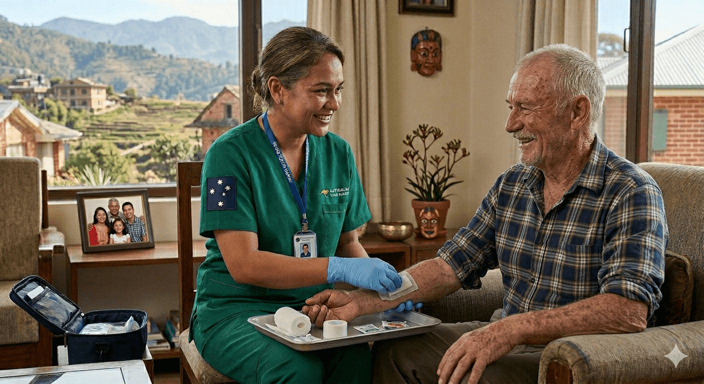Nurse checking elderly patient vitals at home