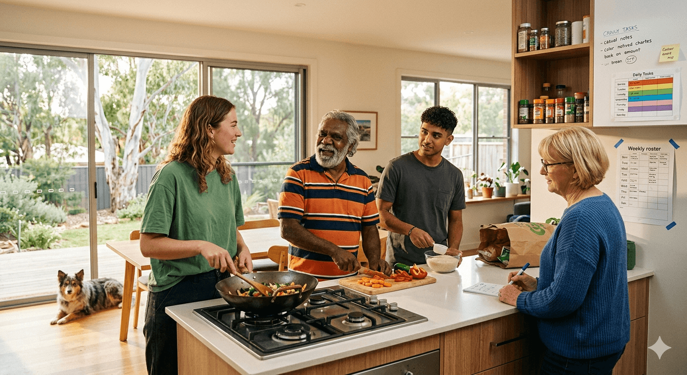 People cooking together in shared living kitchen with daily tasks roster