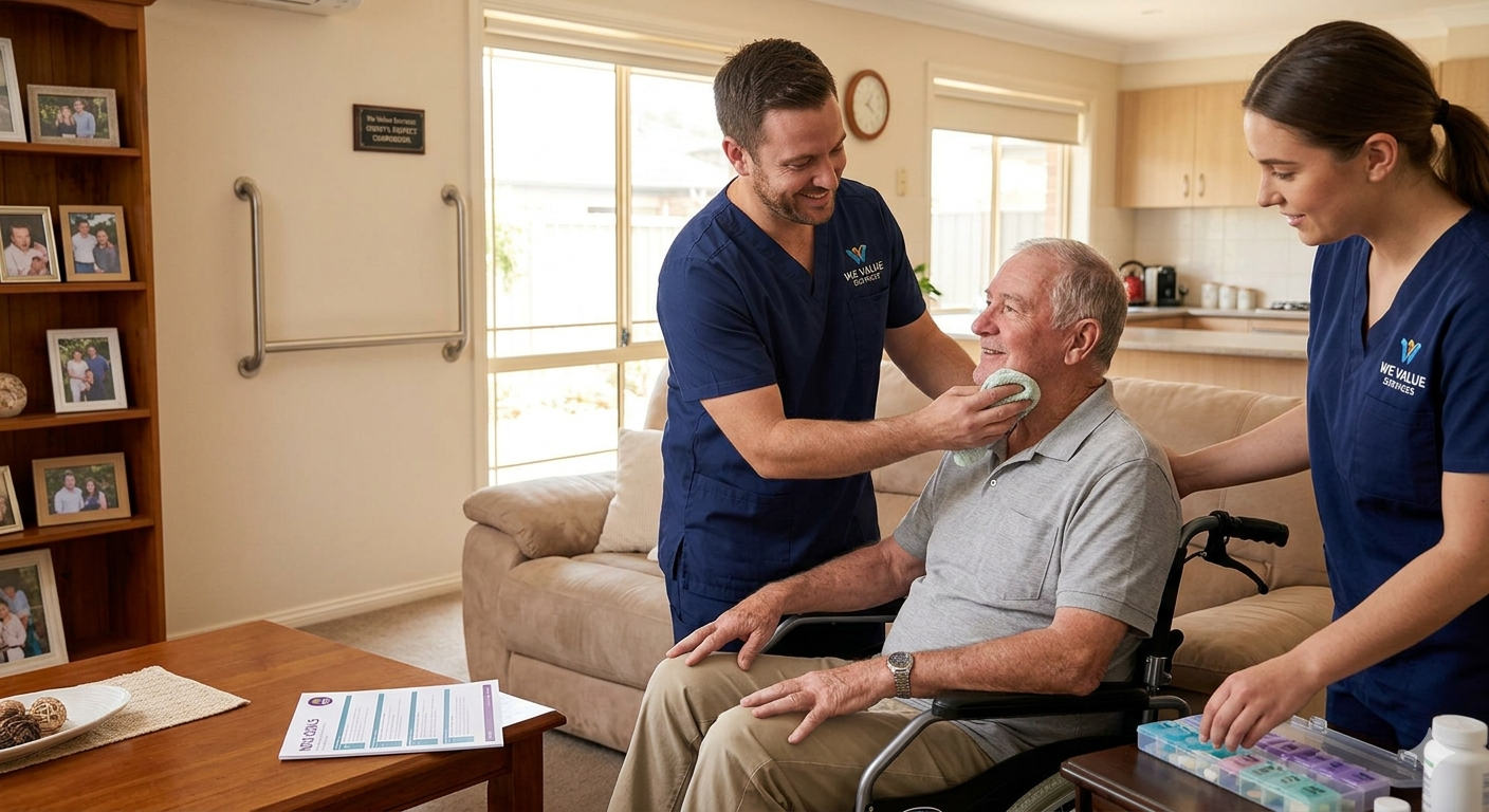 Caregiver providing compassionate support to an elderly person in Australia